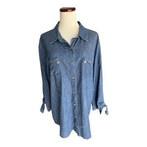 Anne Klein Denim Chambray Shirt L• Stretchy Cotton • Gold Accents • 3/4 Sleeves